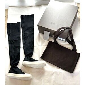 Rick Owens Women Size 7 Stocking Sneakers NWT Knee High Black Milk Leather